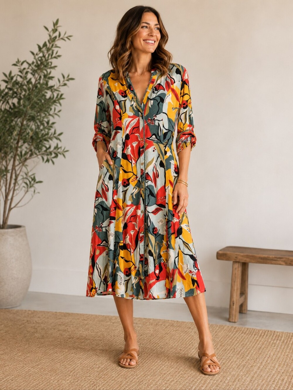 SMIRO Abstract Floral Embroidered Button Front Flowy Midi Dress M